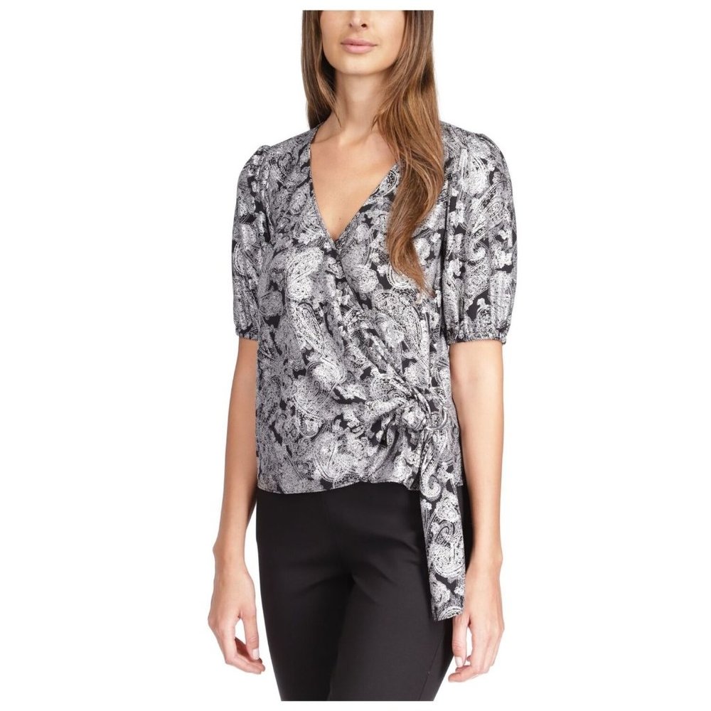 MICHAEL MICHAEL KORS Women's Black Tie Closure Short Sleeve Faux Wrap Top M B4HP